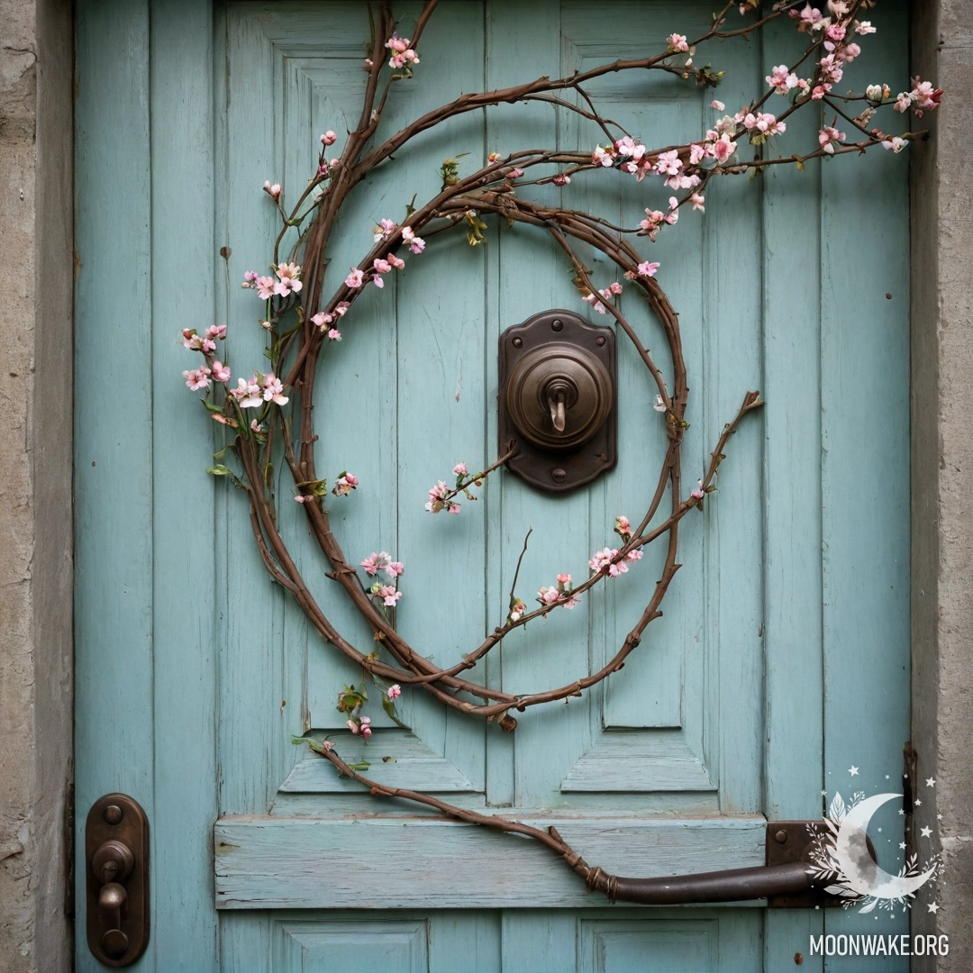 A shabby door adorned with twigs and flowers on the handle.
