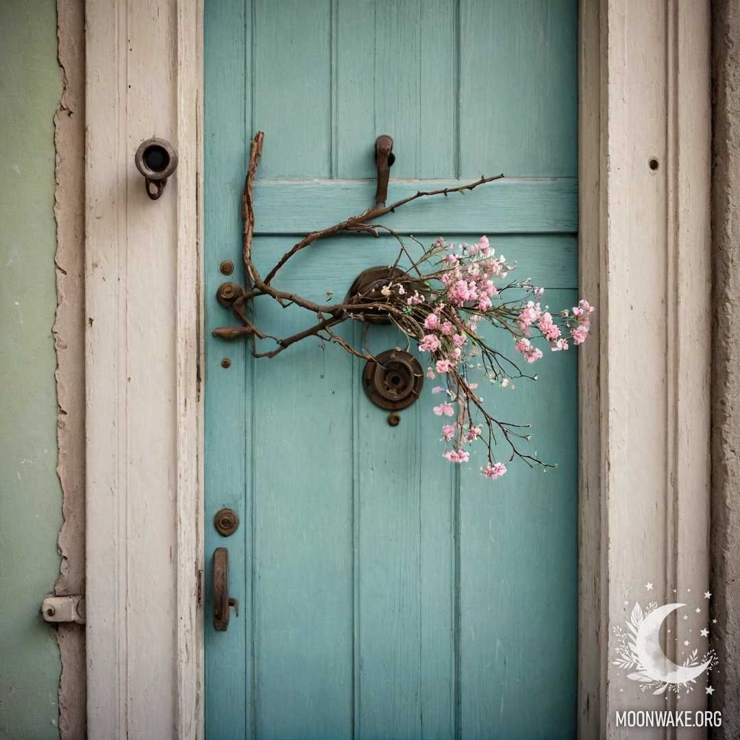 A shabby door adorned with twigs and flowers on the handle.