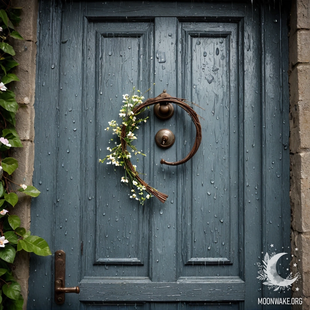 A shabby door adorned with twigs and flowers on the handle, under rain.