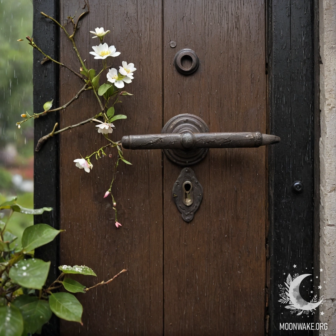 A shabby door adorned with twigs and flowers, rain gently falling.