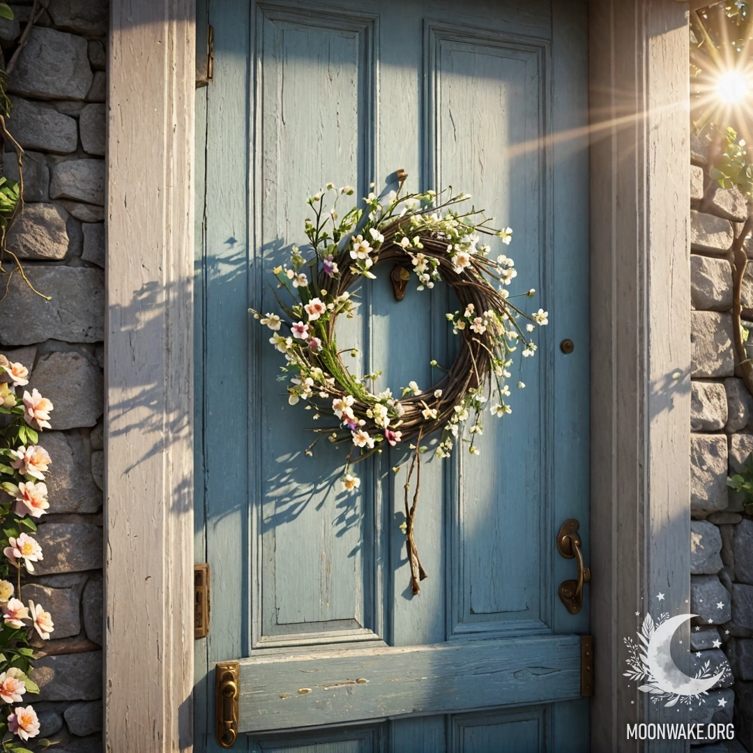 A worn door adorned with twigs and flowers on the handle, illuminated by gentle sunlight.