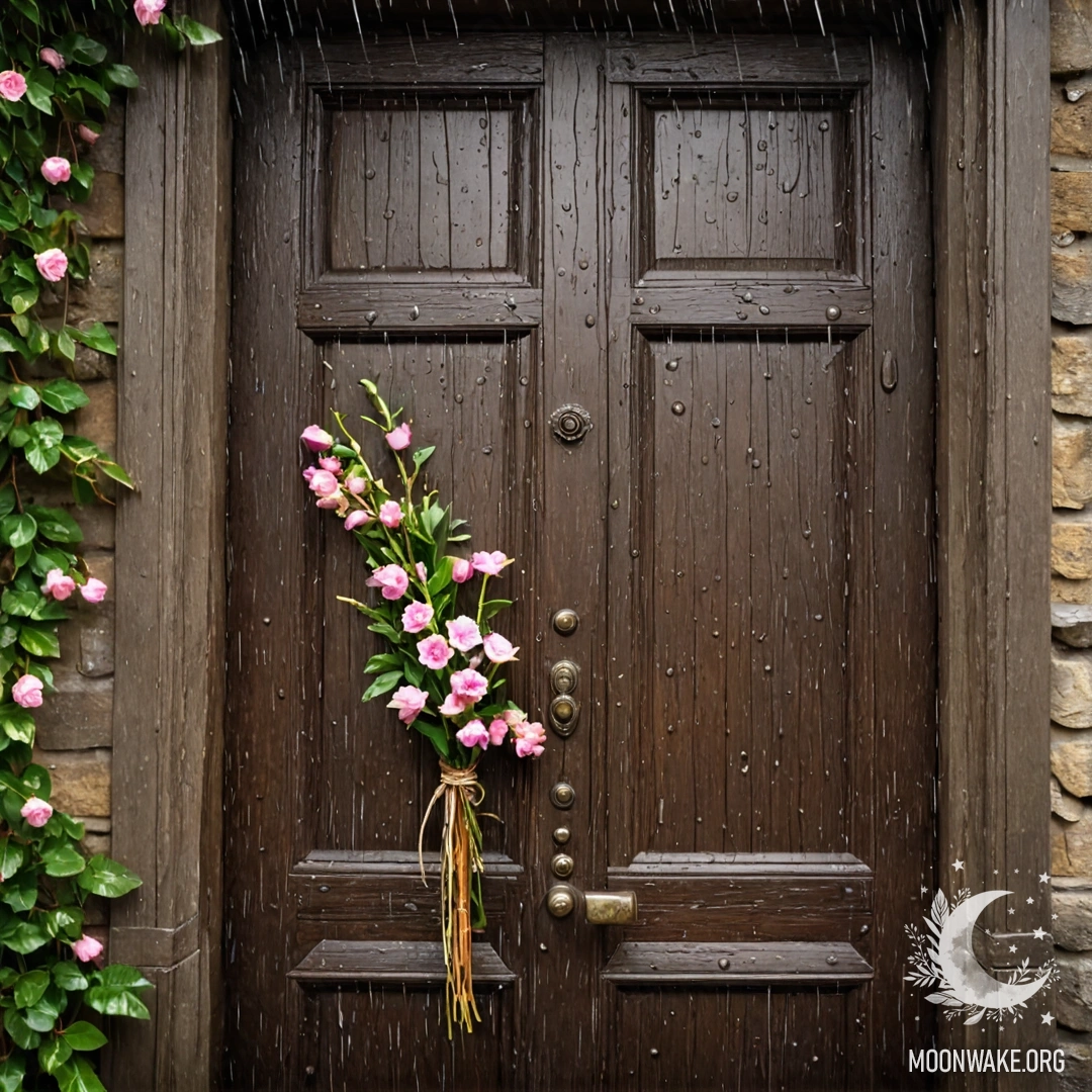 A shabby door with flowers on the handle, adorned by raindrops.