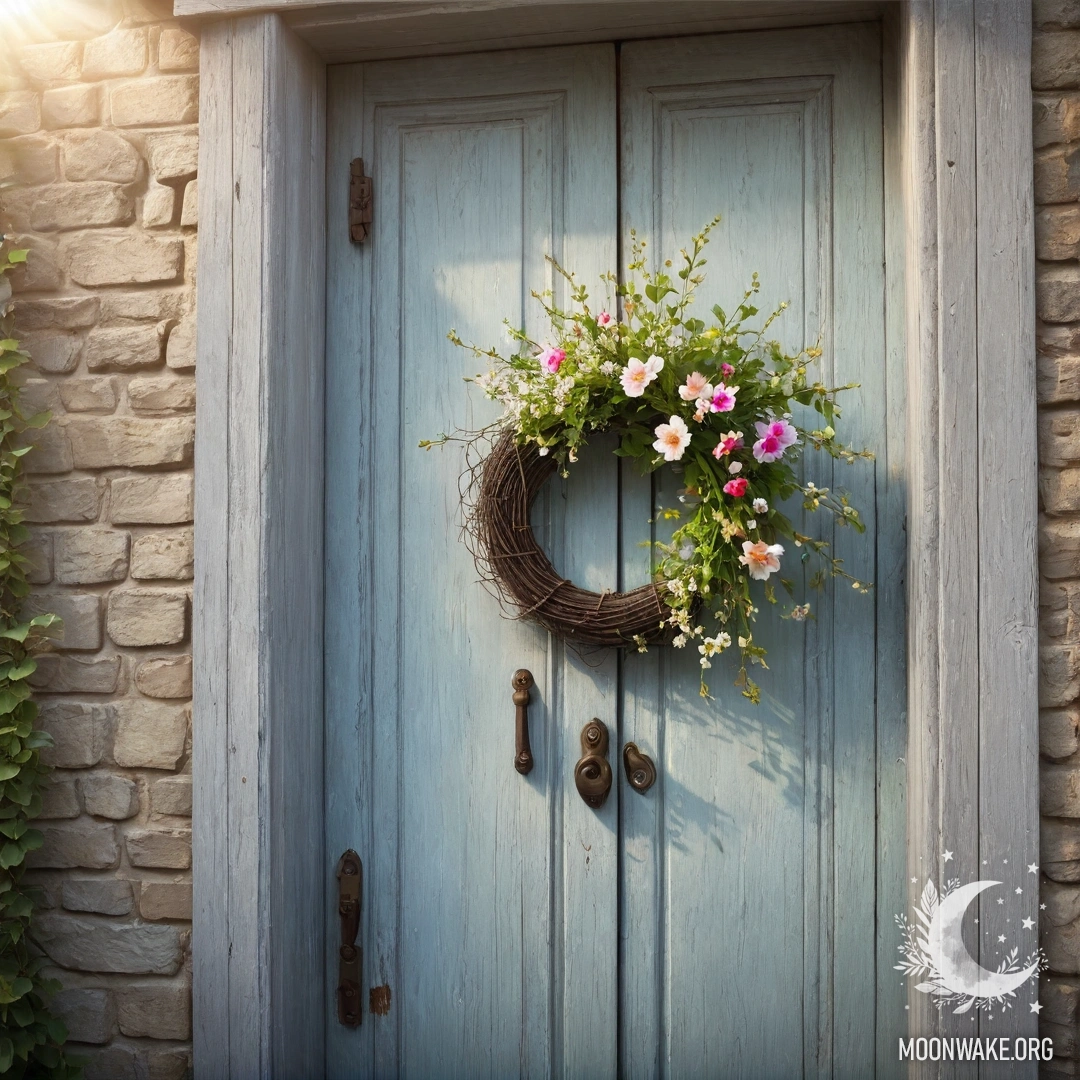 A shabby door adorned with twigs and flowers, illuminated by sun rays.