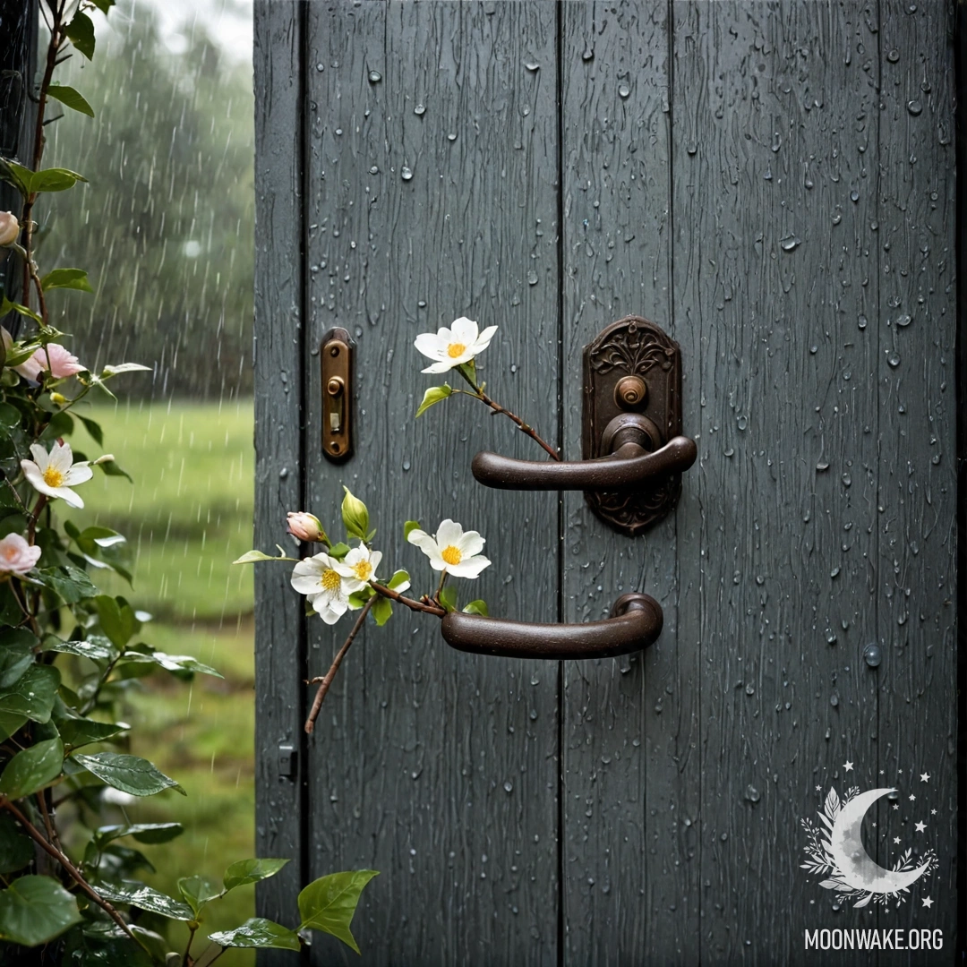 A shabby door adorned with twigs and flowers, glistening in the rain.