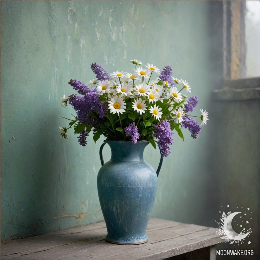 Romantic Shabby Vase with Daisies A shabby blue metal vase filled with daisies and lilacs, set against a greenish wall in a foggy atmosphere.