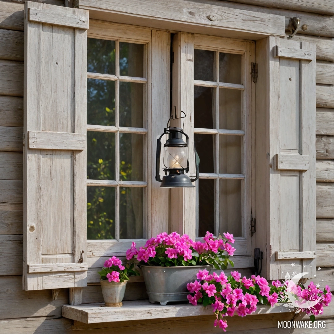 A rustic wooden window with shutters, adorned with pink flowers and a hanging kerosene lamp.