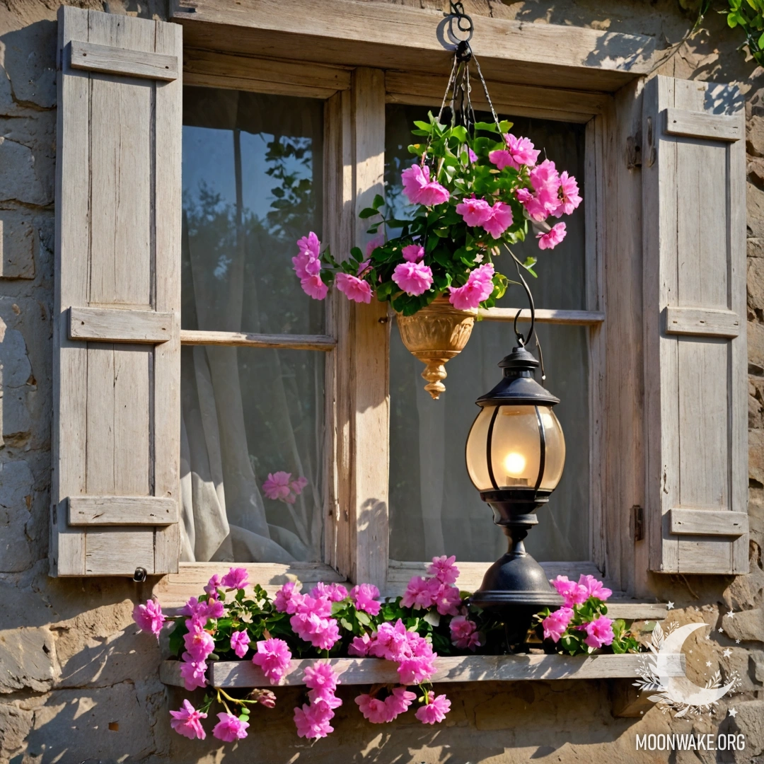 A shabby wooden window adorned with pink flower branches and a hanging kerosene lamp.