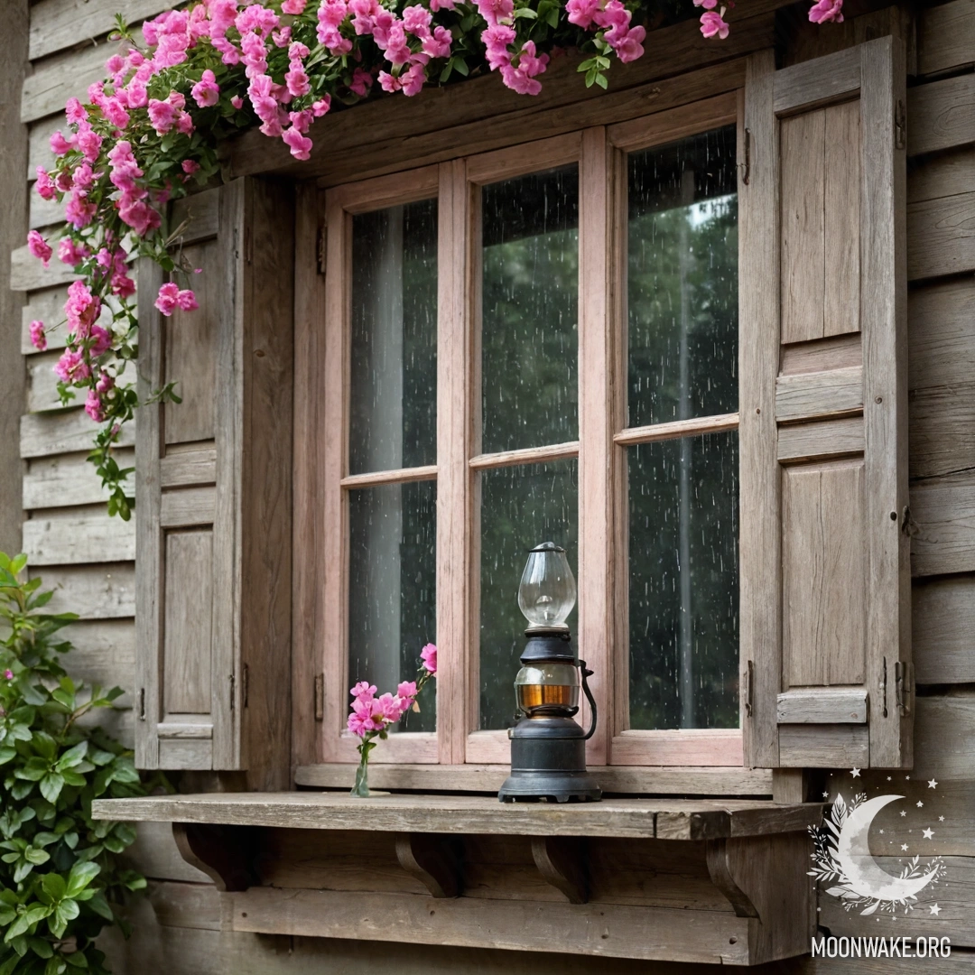 A shabby wooden window with shutters, adorned by pink flowers and a kerosene lamp, under a gentle rain.