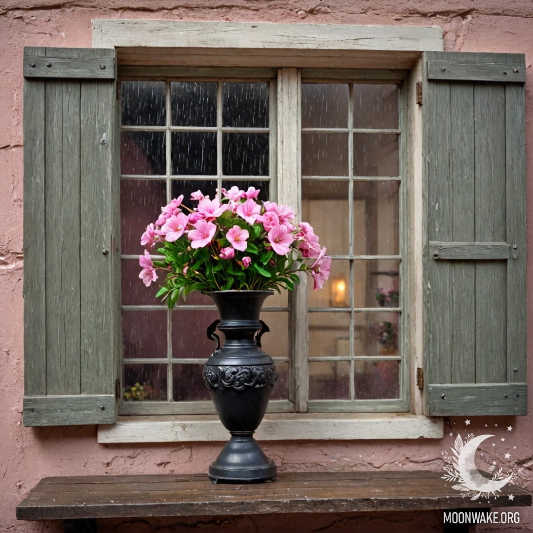 Romantic Shabby Window with Pink Flowers A shabby wooden window with shutters, a kerosene lamp above it, and a branch of pink flowers entwined around the window with rain falling.