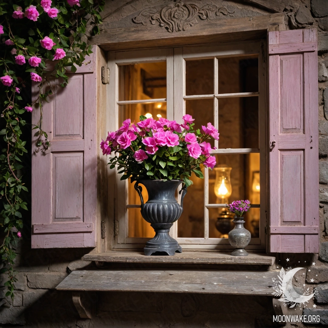 A shabby wooden window with shutters adorned with pink flowers.