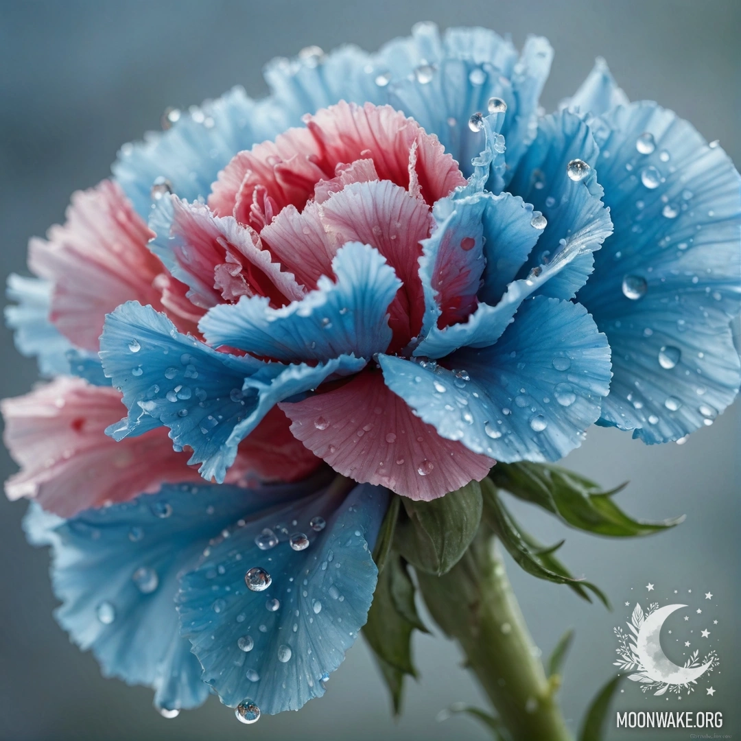 A beautiful sky blue carnation adorned with dew drops and rhinestones, reflecting romantic vibes.