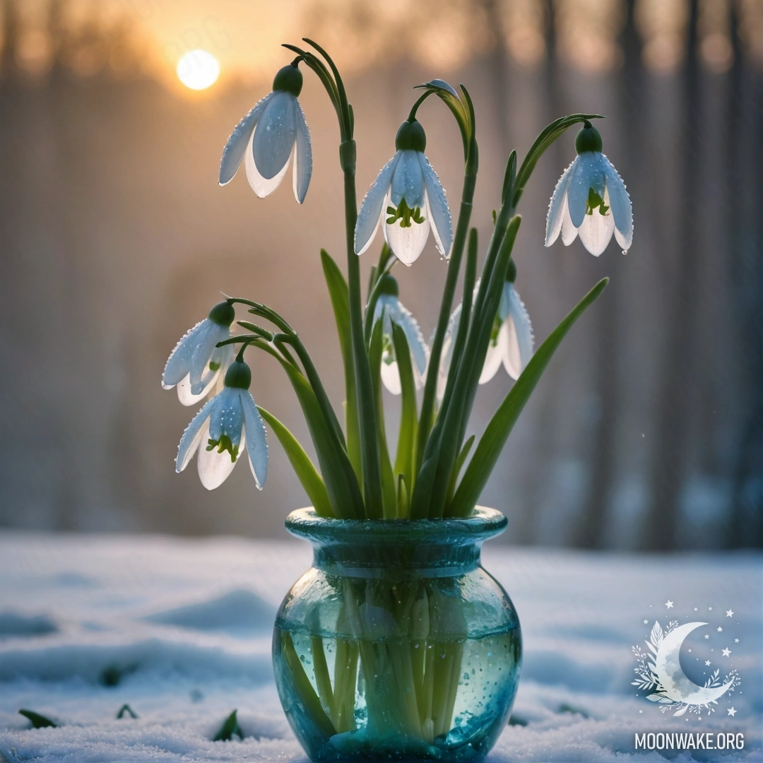 A delicate snowdrop flower placed in a greenish-blue vase, set against a foggy sunset background.