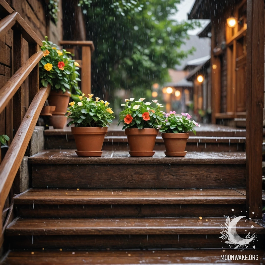 Romantic Staircase with Flowerpots in Rain A wooden staircase adorned with flowerpots drenched in rain.