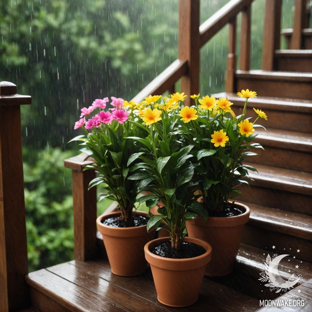Romantic Staircase with Flowerpots in the Rain A wooden staircase adorned with flowerpots under soft rain.
