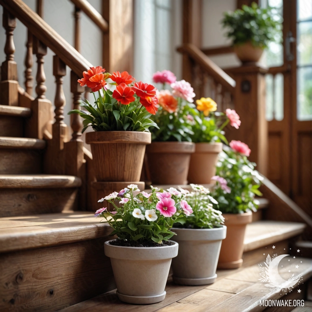 A wooden staircase adorned with flowerpots containing lush greenery.