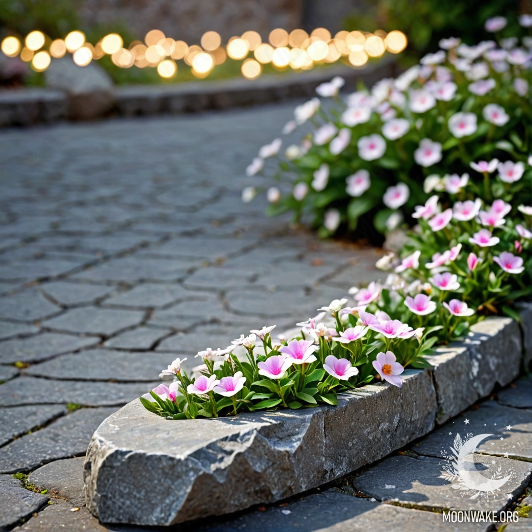 Romantic Stone Curb with Flowers A shabby stone curb adorned with delicate white and pink flowers, illuminated by garland lights.