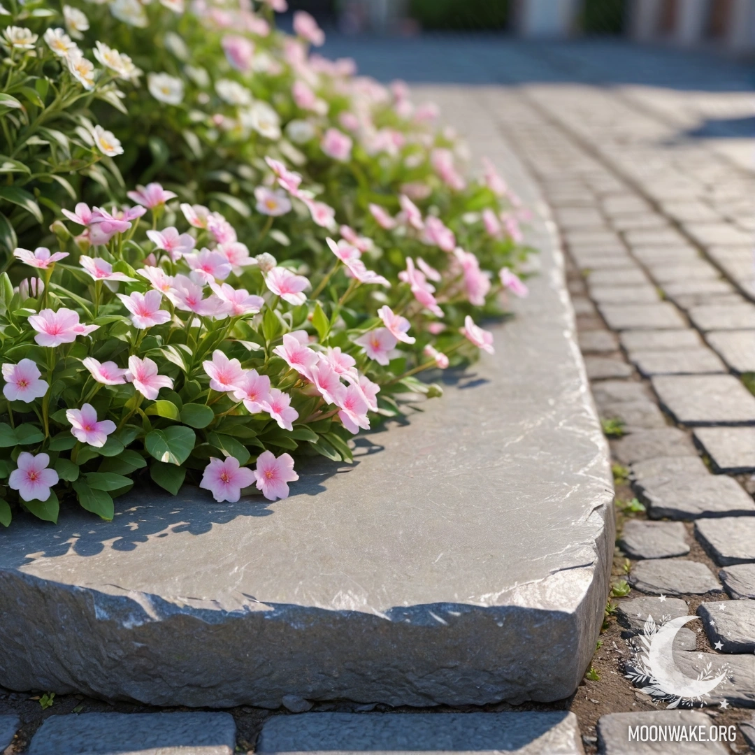 A shabby stone curb adorned with small white and pink flowers, illuminated by garland lights.