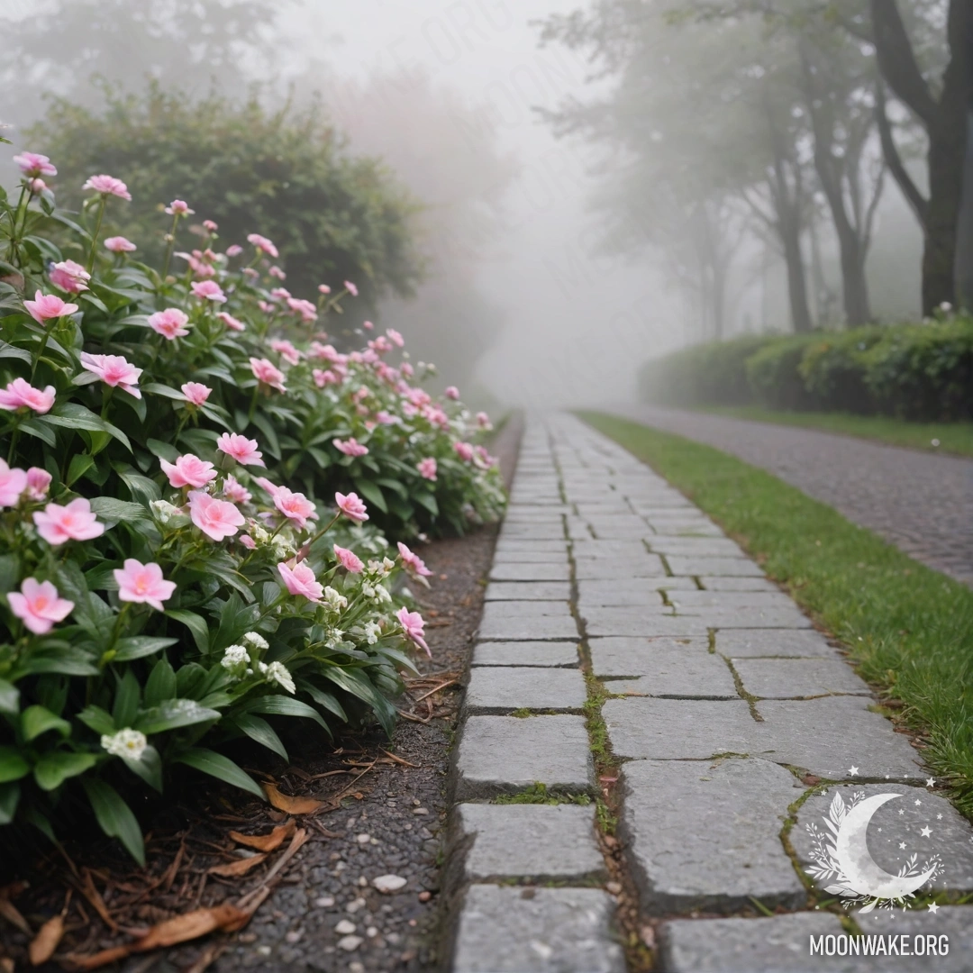 A shabby stone curb with small white and pink flowers growing behind it in dense fog.
