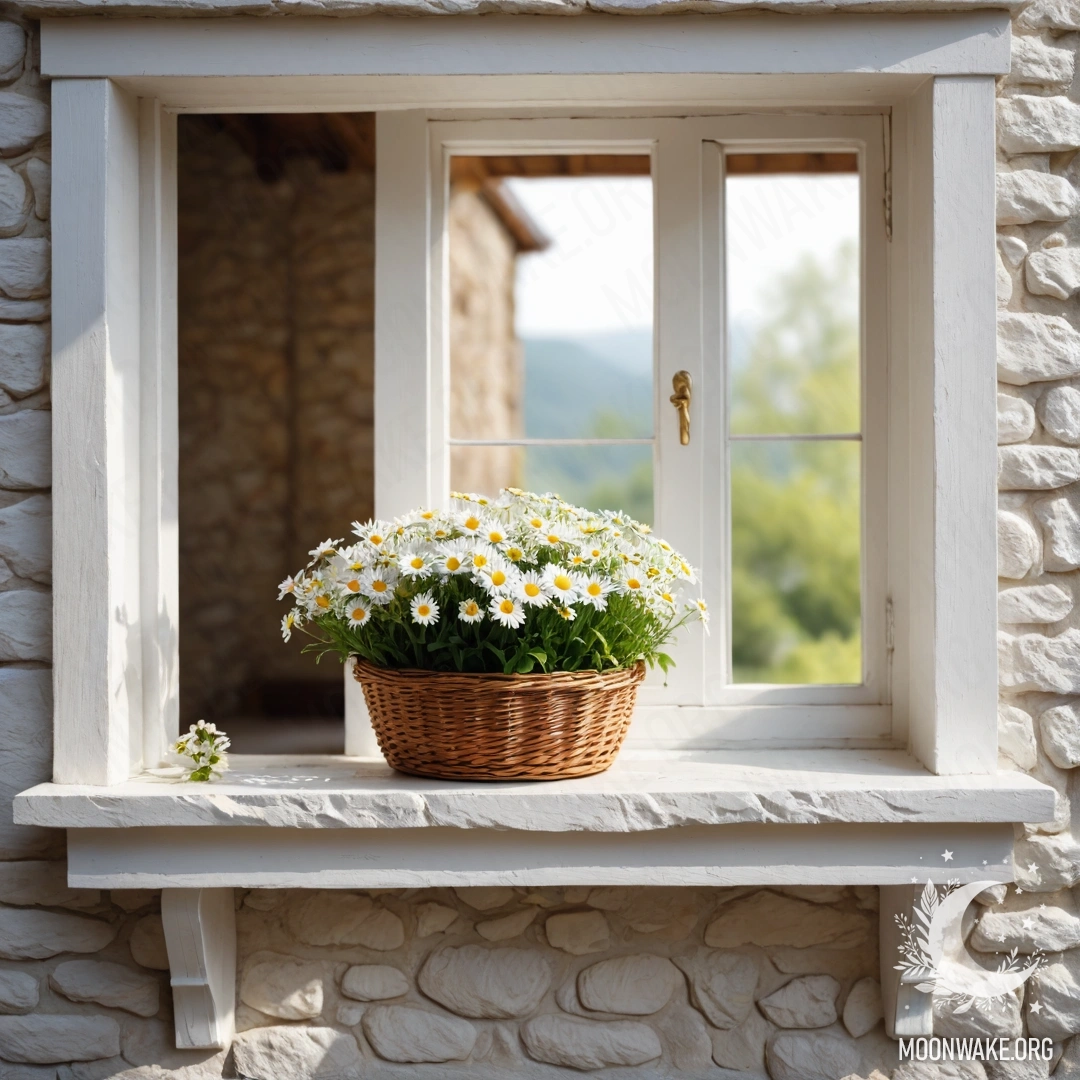 Romantic Stone Wall with Daisies A romantic white stone wall with an open window, and a basket of daisies on the windowsill, adorned with garland lights.