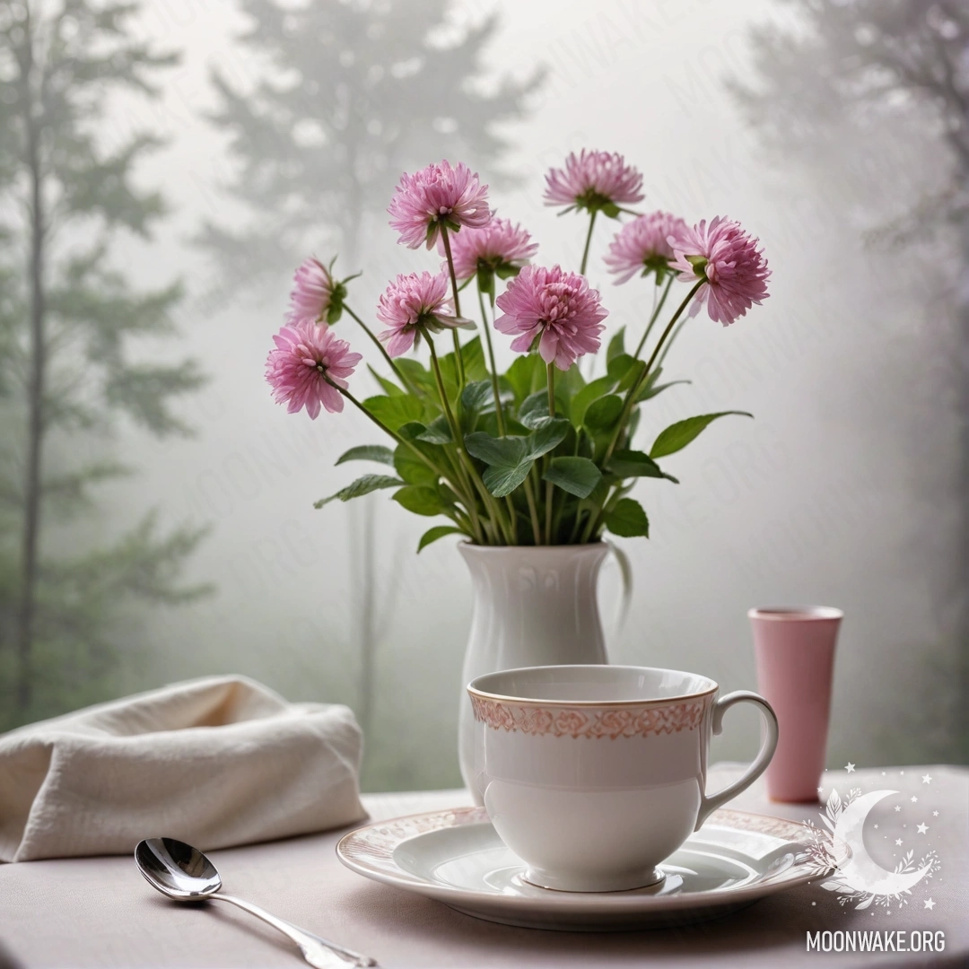 A round straw napkin adorned with porcelain cups featuring a pink pattern and a clover in a white vase, surrounded by dense fog.