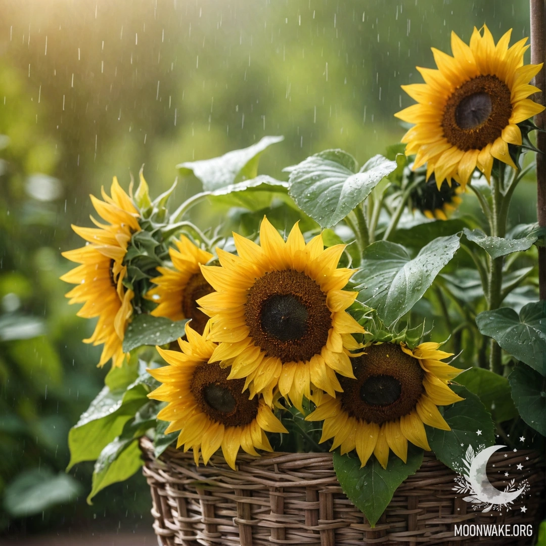 A basket of vibrant sunflowers drenched in rain with sunny rays.