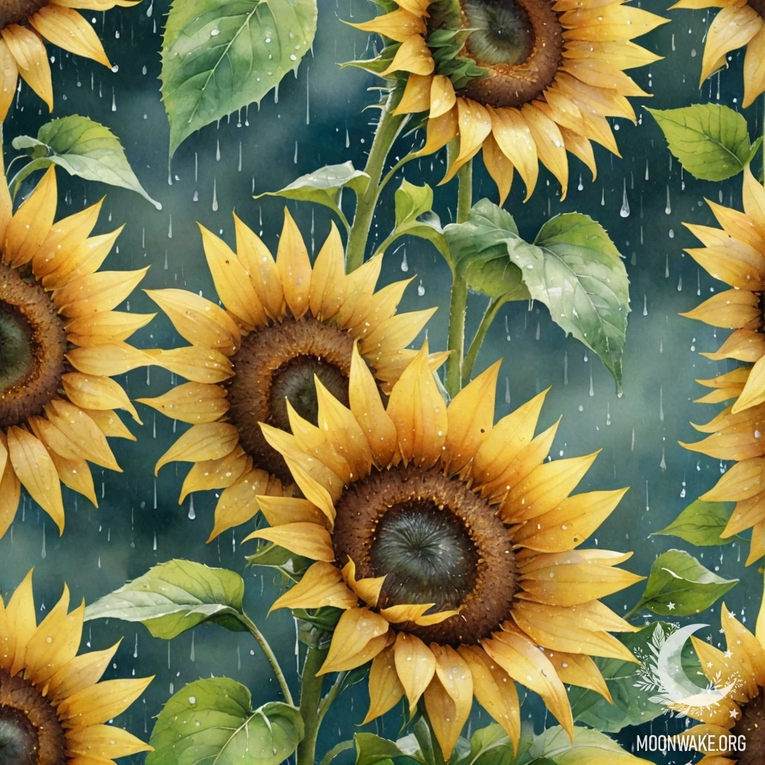A watercolor painting of romantic sunflowers drenched in rain with patterns of greenish blue.