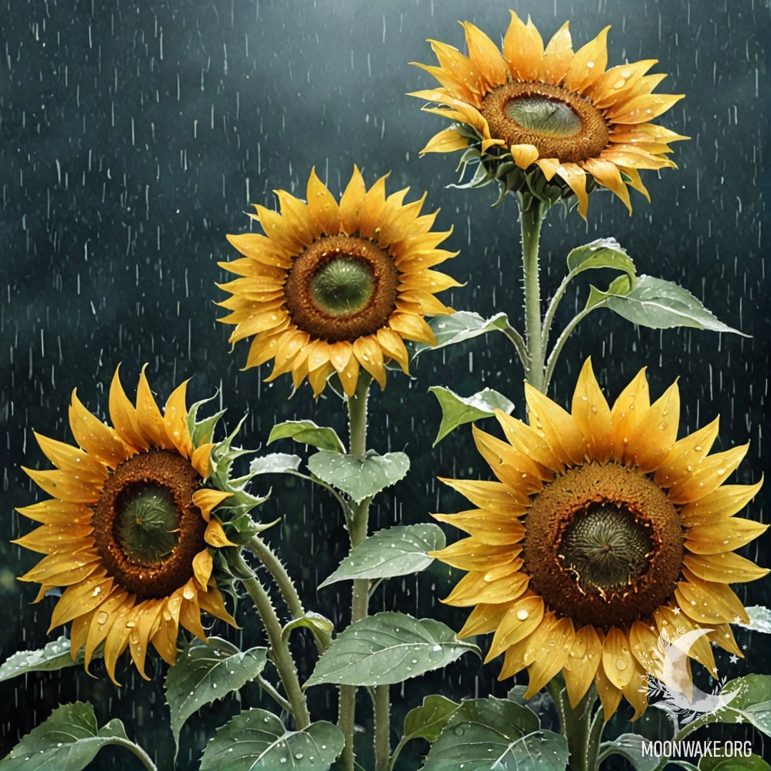 Romantic Sunflowers Under the Rain A watercolor painting of romantic sunflowers drenched in rain at night against a sage green background.
