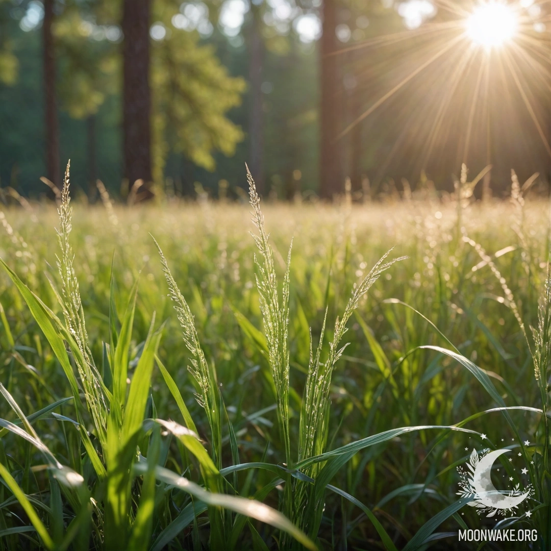 Close-up of romantic grass in a sunlit field against a blurred forest background.