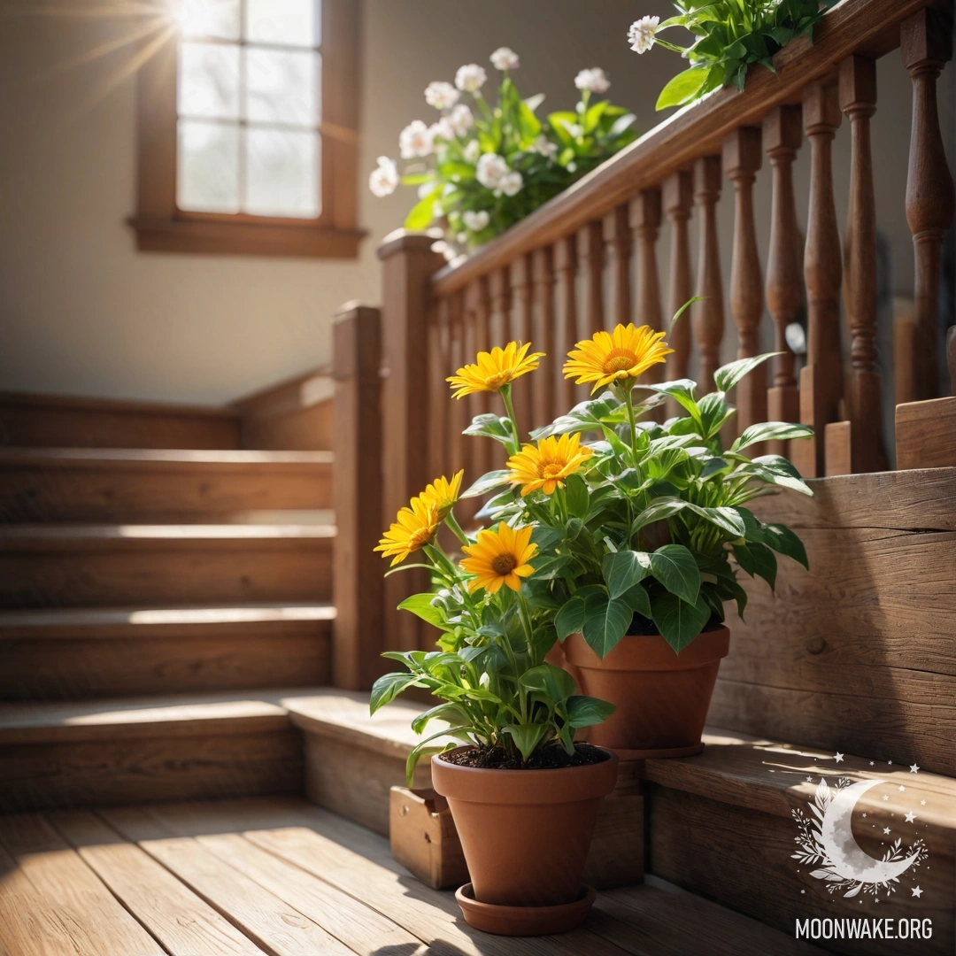 Romantic Sunlit Staircase A wooden staircase adorned with flowerpots, illuminated by sunlight.