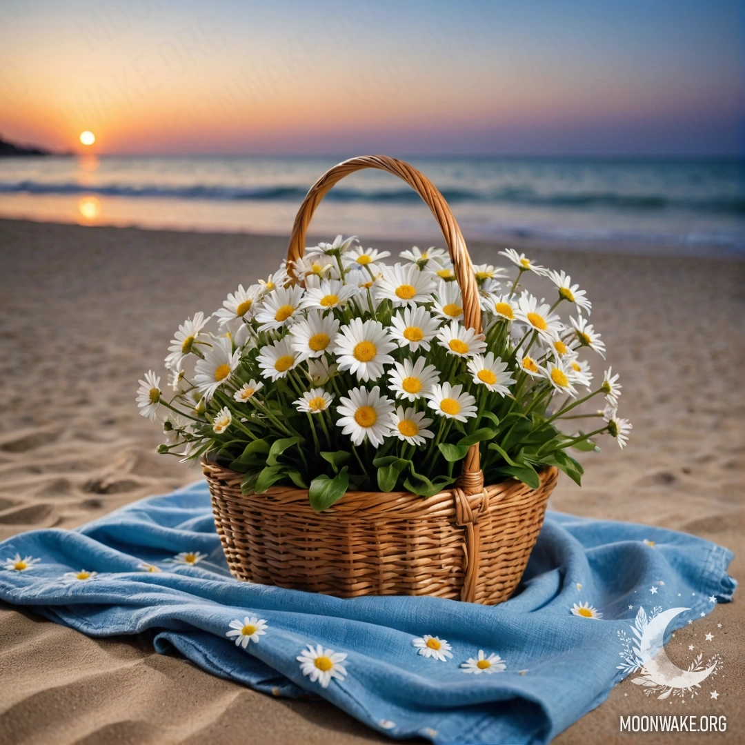 A straw bag filled with a blue tablecloth and a bouquet of daisies on a sandy beach at sunset, with the sea in the background.