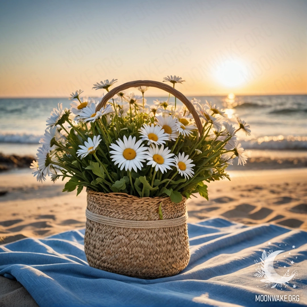A straw bag with a blue tablecloth and a bouquet of daisies on a sandy beach at sunset.