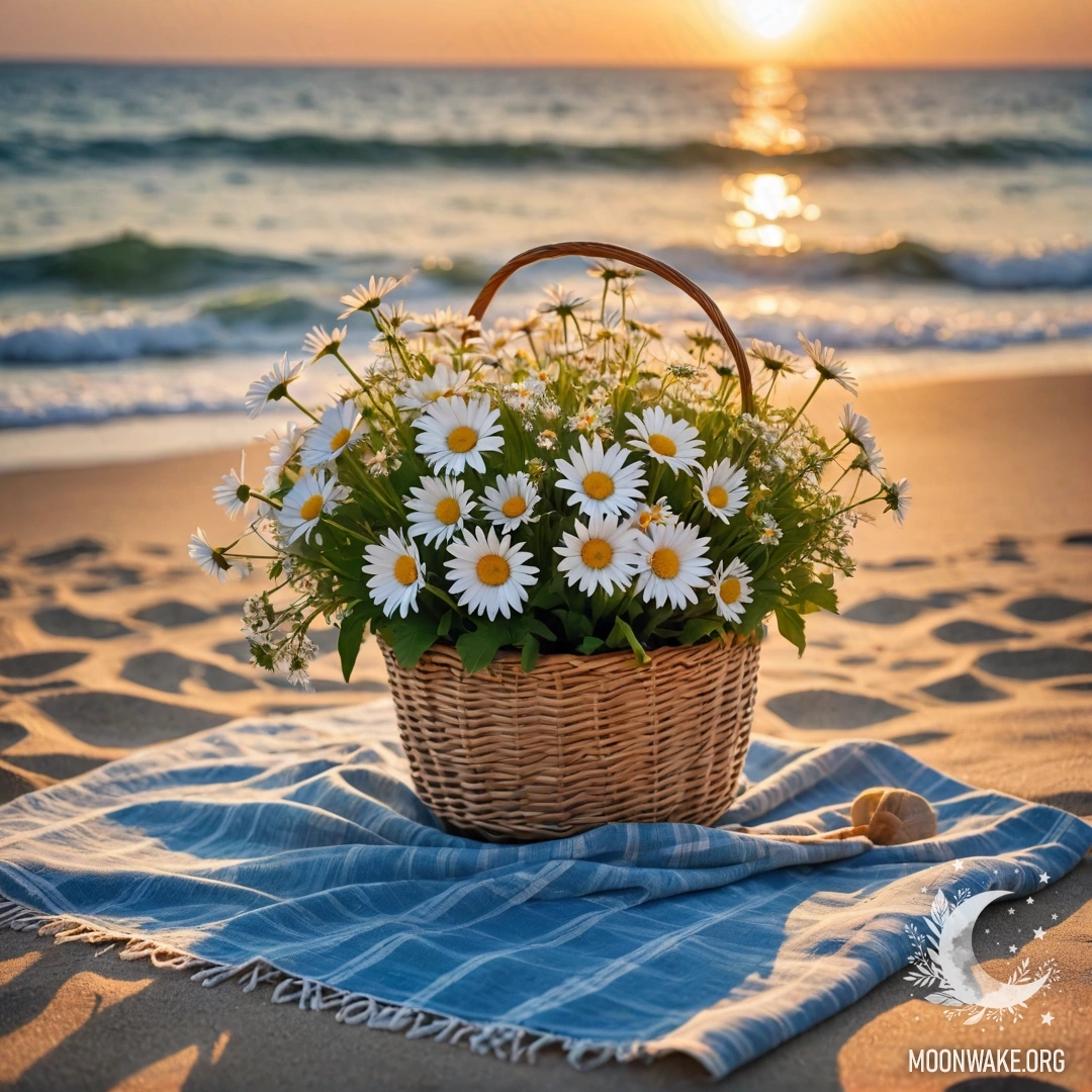 Romantic Sunset Beach Scene A straw bag with a blue tablecloth and a bouquet of daisies on a sandy beach at sunset, with the sea and sun rays in the background.