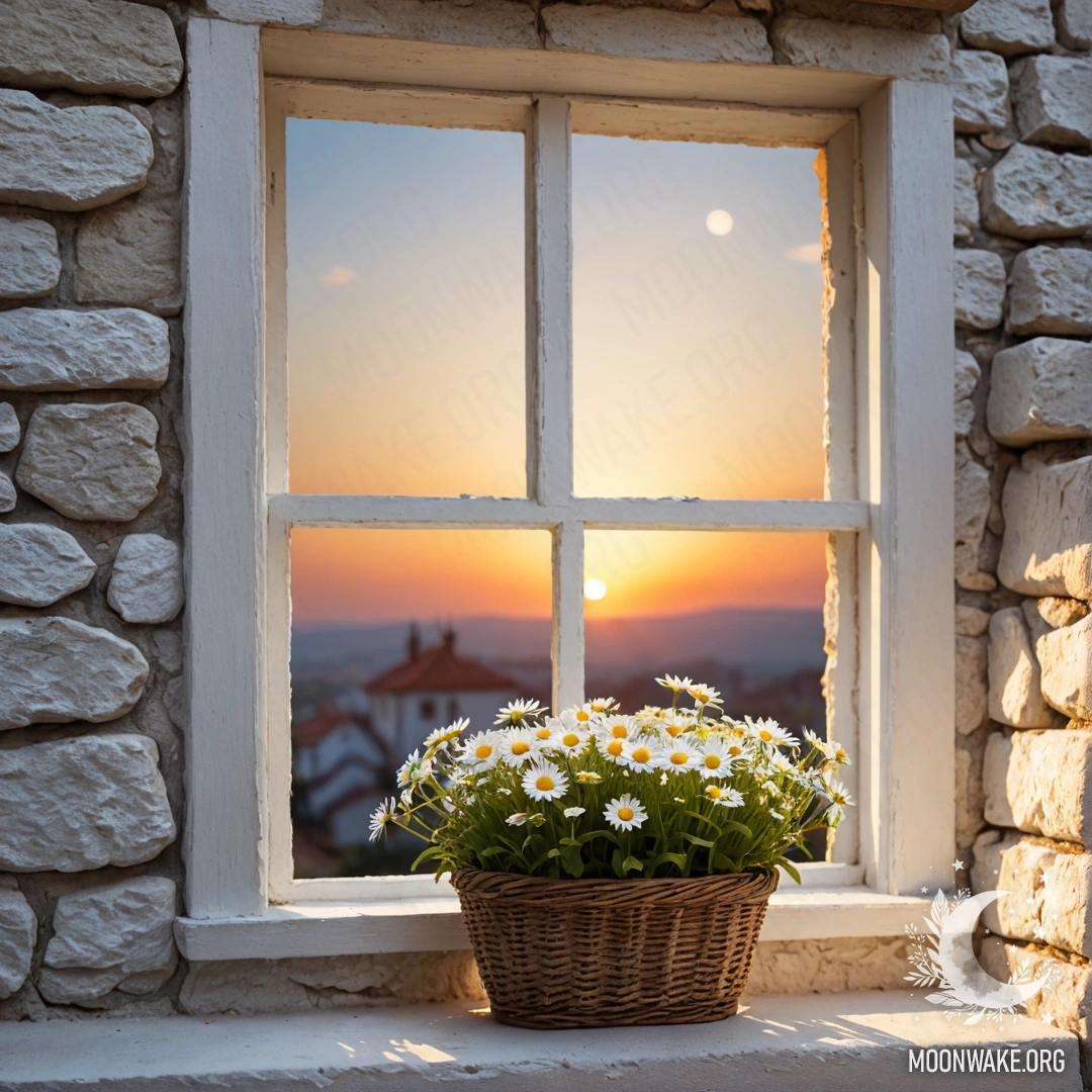 A romantic scene featuring a white stone wall, an open window, and a basket of daisies resting on the windowsill during sunset.