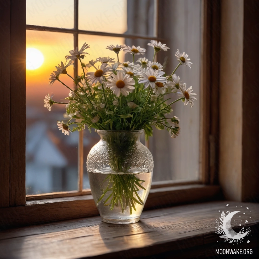 A vintage wooden windowsill with a glass vase of daisies during sunset.
