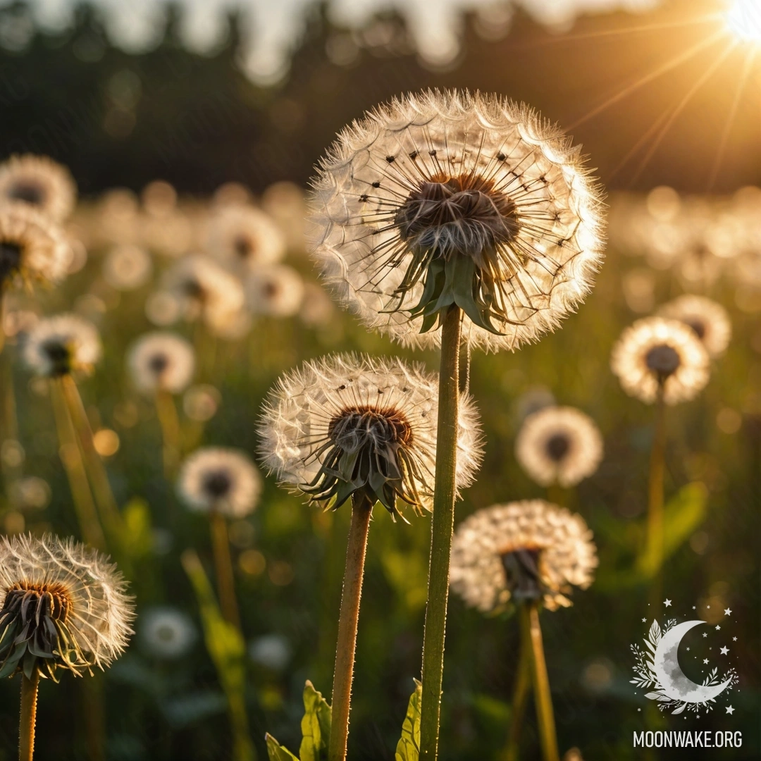 Close-up of dandelions in a romantic field during sunset, with bokeh background and sun rays.