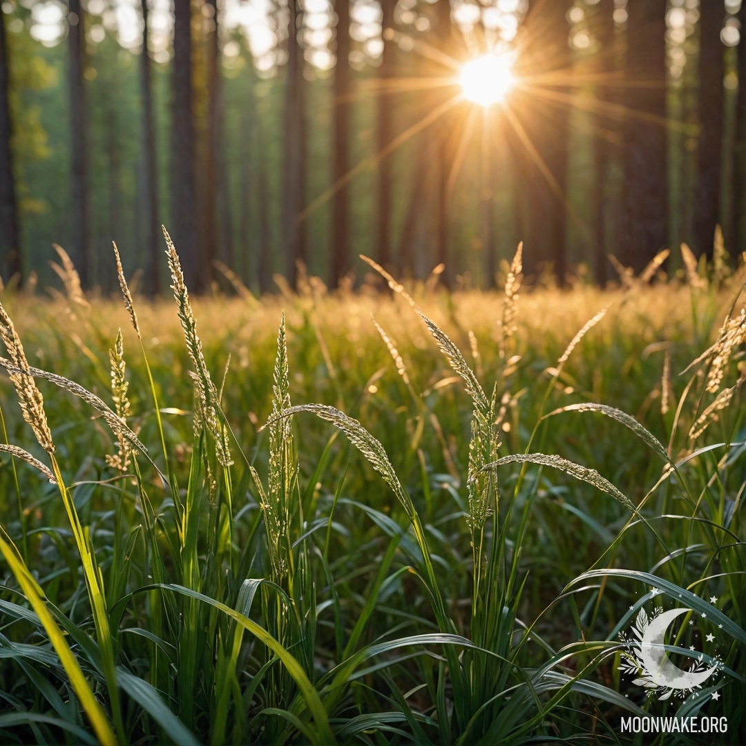 Close-up of grass in a field illuminated by sun rays during sunset, with a bokeh forest in the background.
