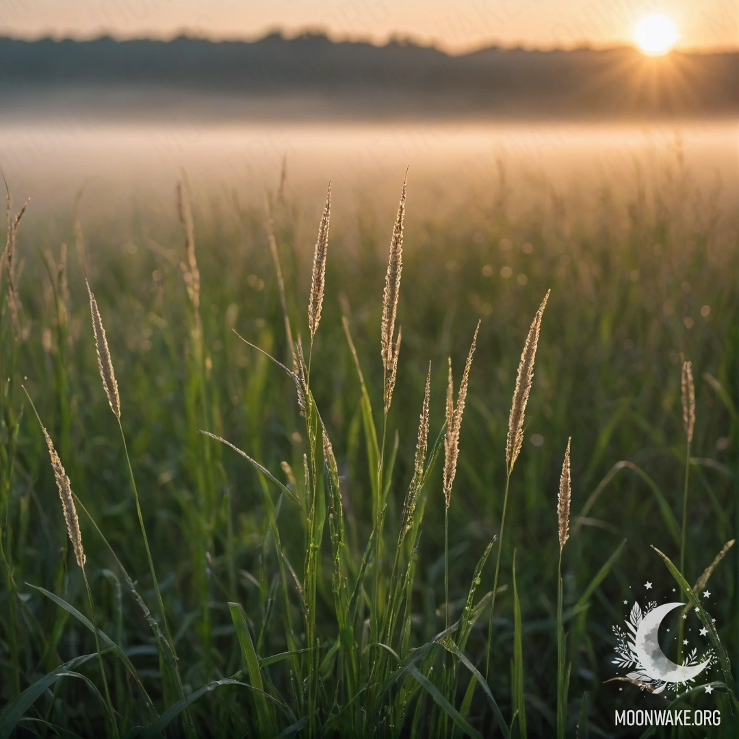 Close-up of grass in a romantic field against a bokeh background with fog during sunset.