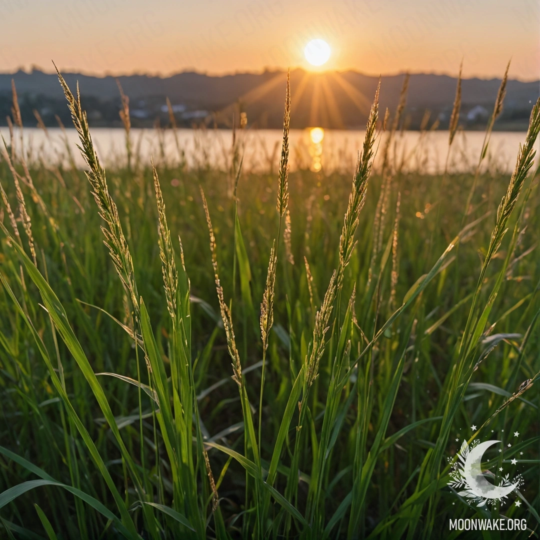 Romantic Sunset Over a Field of Grass A close-up of grass with a bokeh sunset and lens flares in the background.