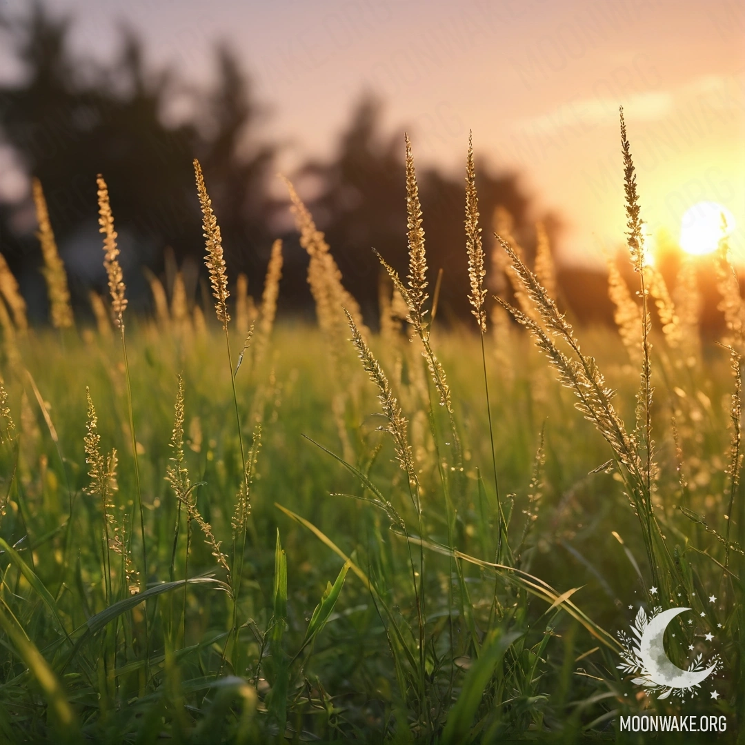 Close-up of grass in a romantic field with a bokeh sunset.