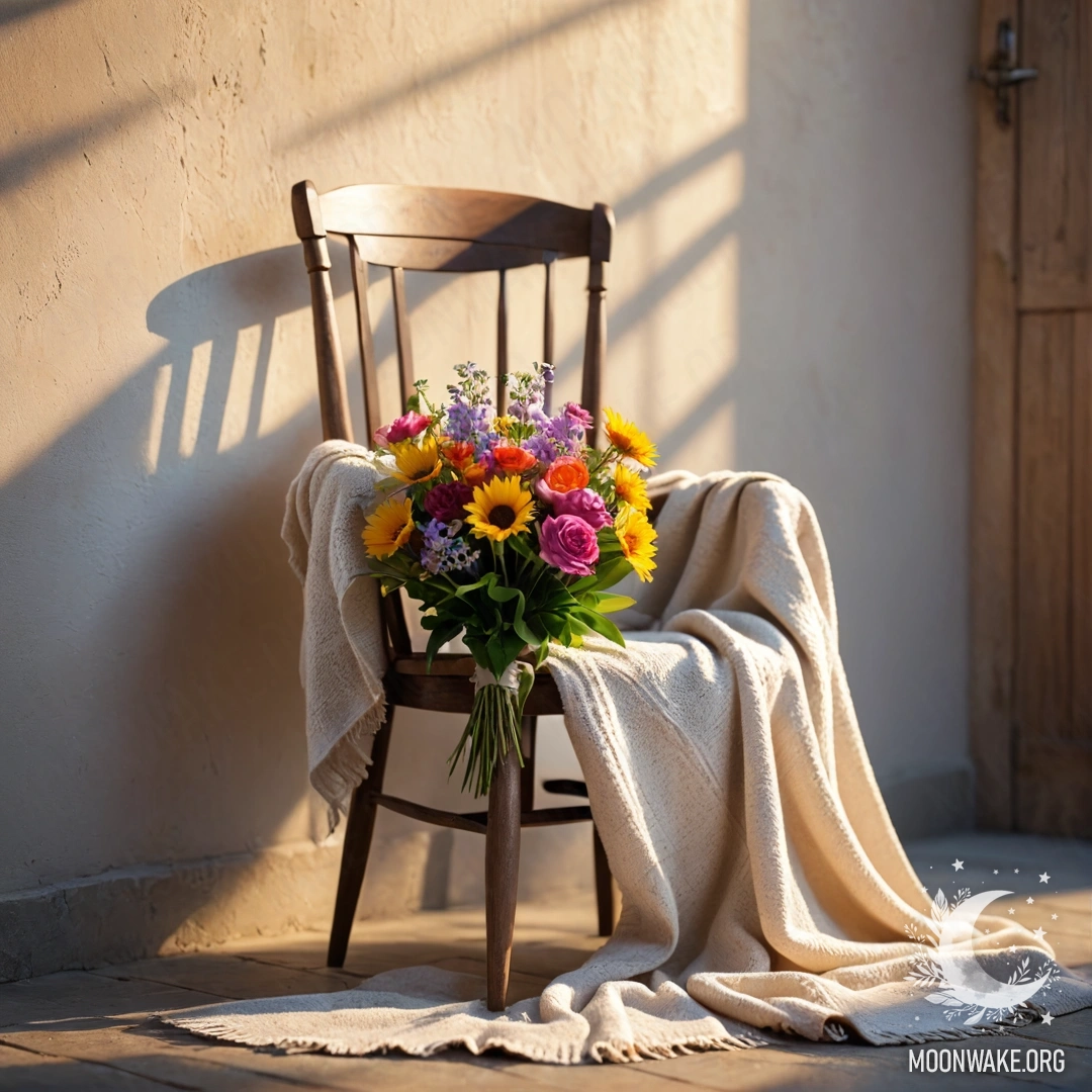 A rustic chair draped with a blanket, adorned with a bouquet of flowers against a shabby wall at sunset.