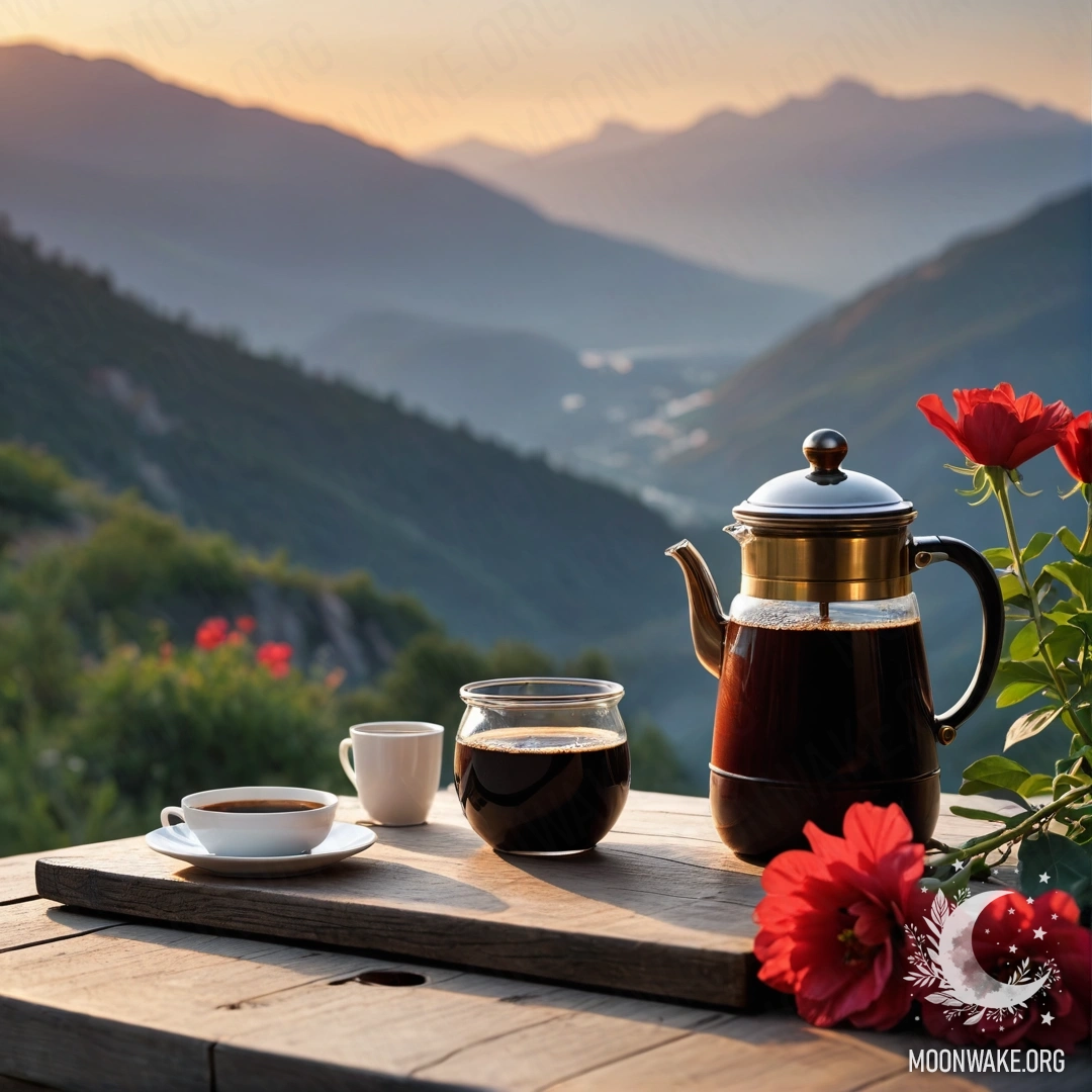 An abstract wooden table with a jar of red flowers, a coffee pot, and cups against a mountain sunset.