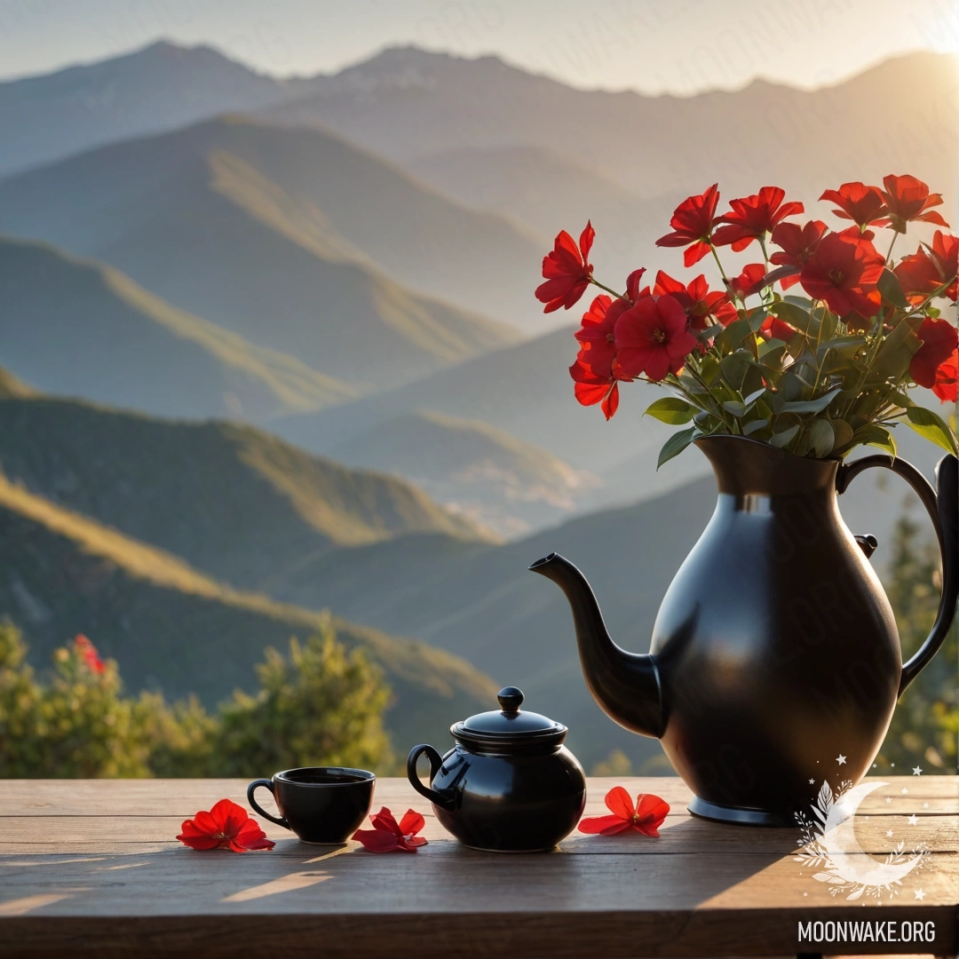 A serene wooden table with a jar of red flowers and coffee set against majestic mountains during sunset.