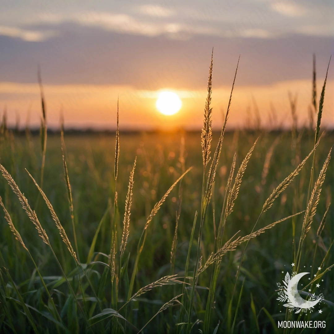 Close-up view of grass illuminated by sunset bokeh.