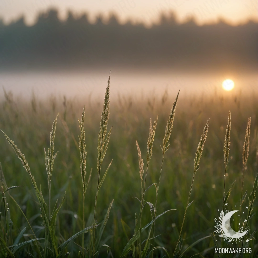Close-up of grass in a romantic field at sunset, surrounded by mist.