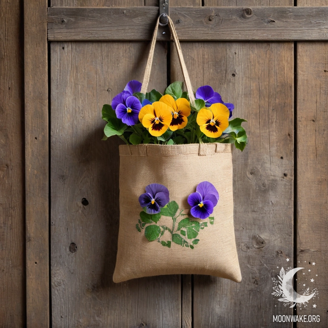 A burlap bag filled with pansies hanging on a shabby wooden wall at sunset.