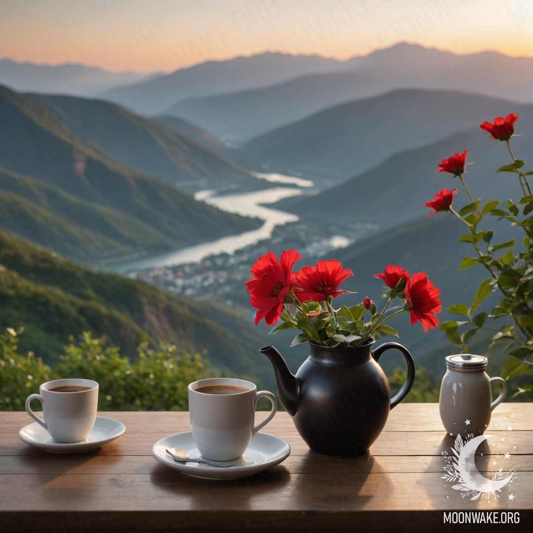 A minimalistic wooden table adorned with a jar of red flowers, a coffee pot, and cups, set against a mountainous backdrop during sunset.