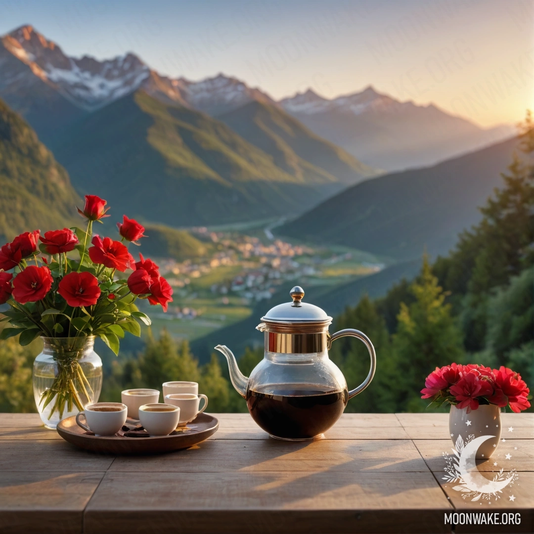 Romantic Sunset Table Setting A beautiful wooden table with a jar of red flowers, coffee pot, and cups, set against mountain background at sunset.