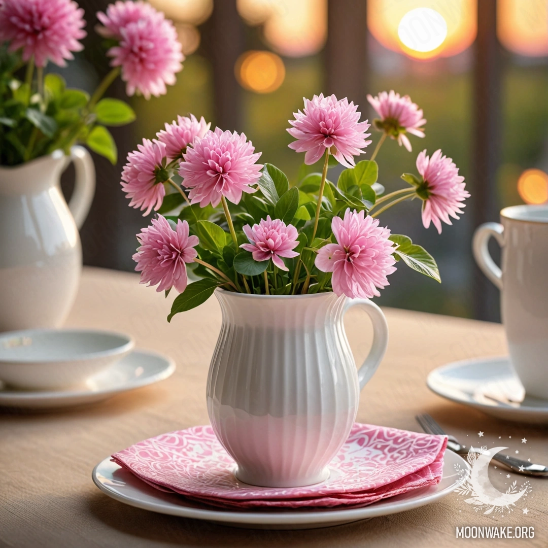 A romantic tea setting featuring white porcelain cups with a pink pattern on a round straw napkin, beside a white vase of clover at sunset.