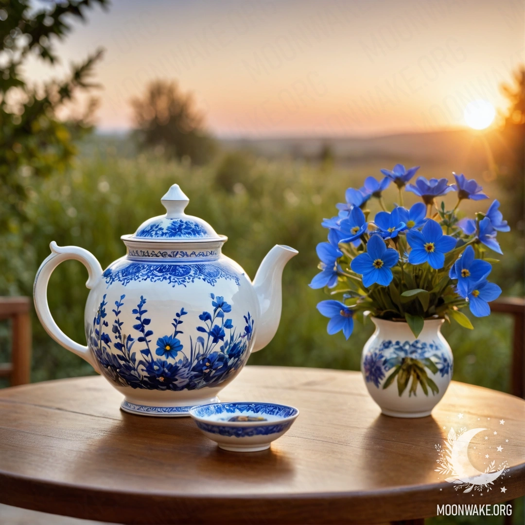 A round wooden table with a porcelain teapot containing blue flowers at sunset.
