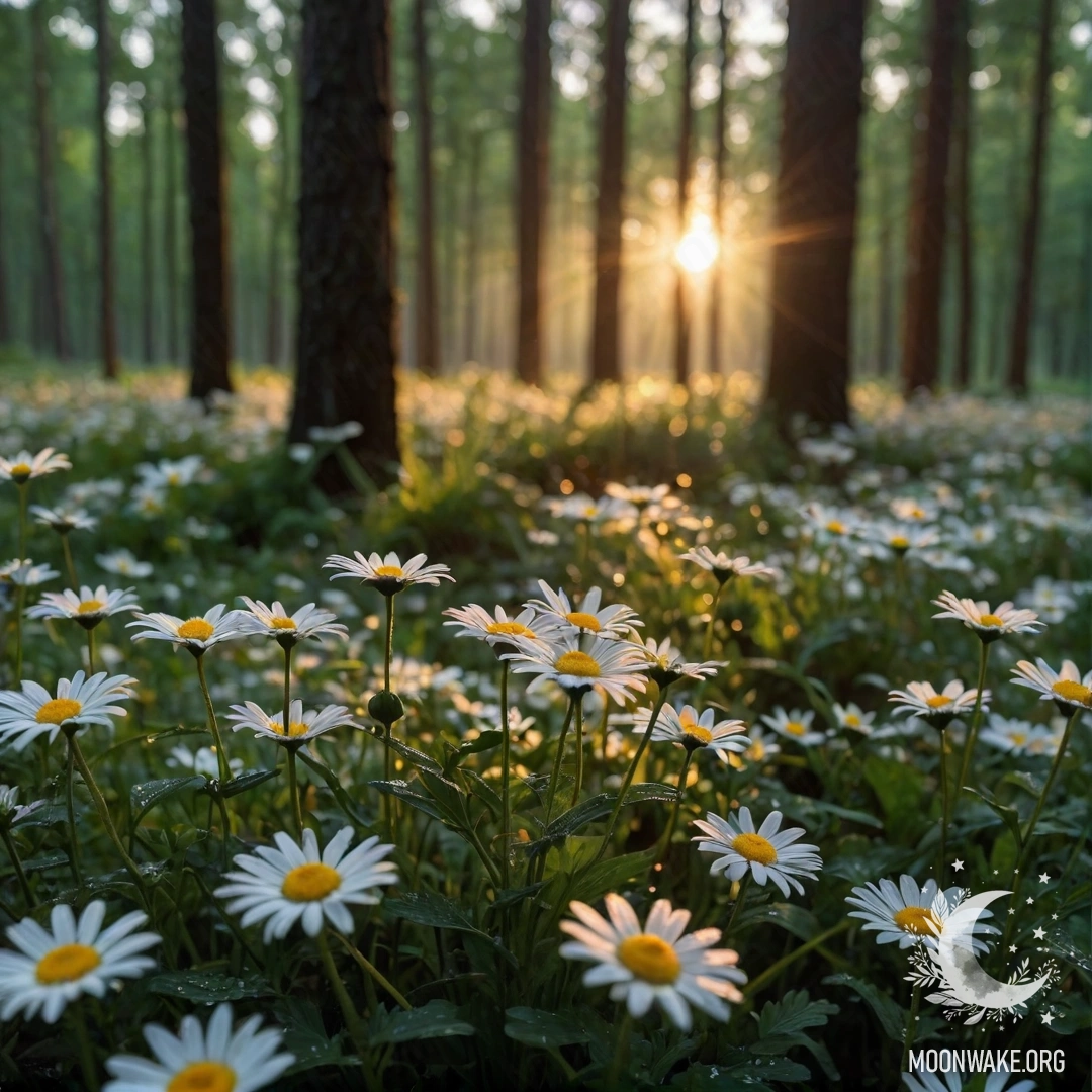 Romantic Sunset through Forest Trees Close-up of daisies under the rain with sunset light filtering through trees